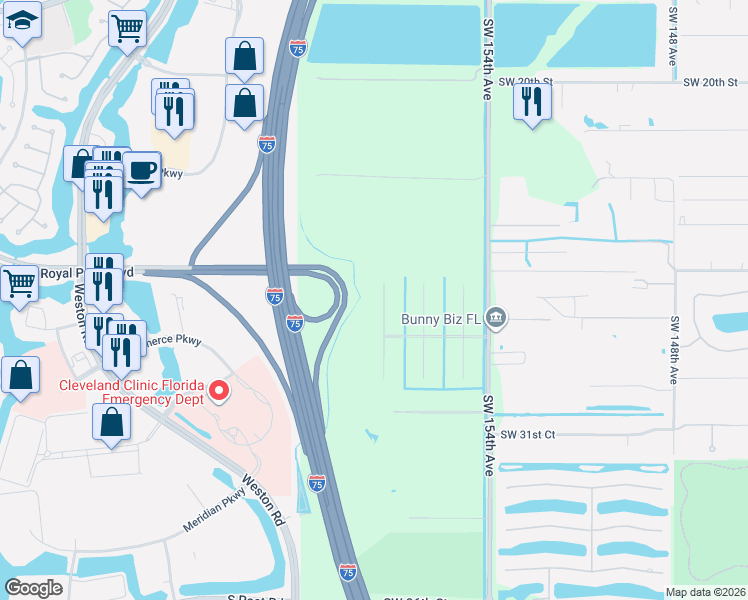 map of restaurants, bars, coffee shops, grocery stores, and more near 2681 Southwest 156th Avenue in Davie