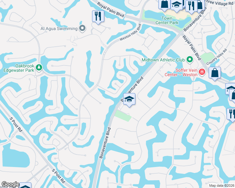 map of restaurants, bars, coffee shops, grocery stores, and more near 2686 Oakmont Drive in Weston