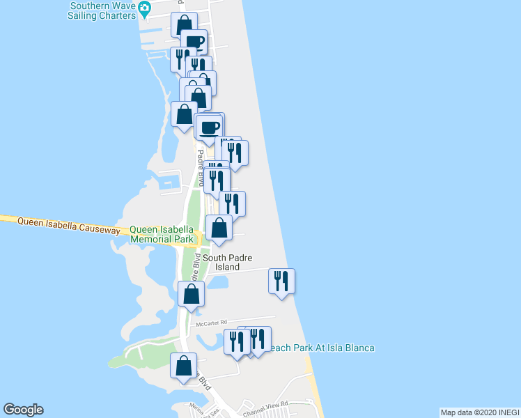 map of restaurants, bars, coffee shops, grocery stores, and more near 402 Padre Boulevard in South Padre Island