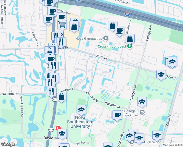 map of restaurants, bars, coffee shops, grocery stores, and more near Fire Academy in Davie