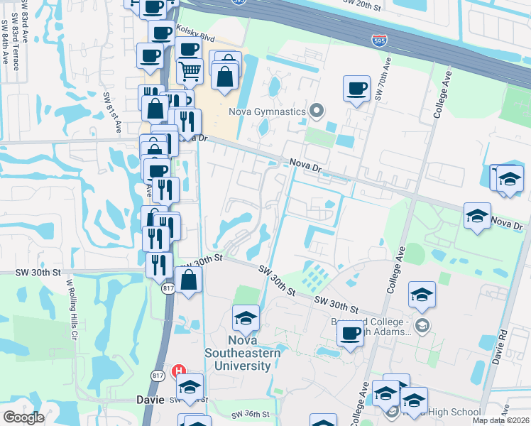 map of restaurants, bars, coffee shops, grocery stores, and more near 2750 Southwest 73rd Way in Davie