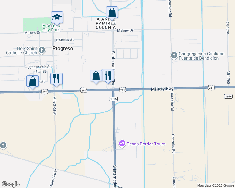 map of restaurants, bars, coffee shops, grocery stores, and more near Farm to Market 1015 in Progreso Lakes