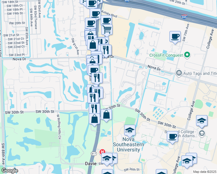 map of restaurants, bars, coffee shops, grocery stores, and more near 2786 South University Drive in Davie
