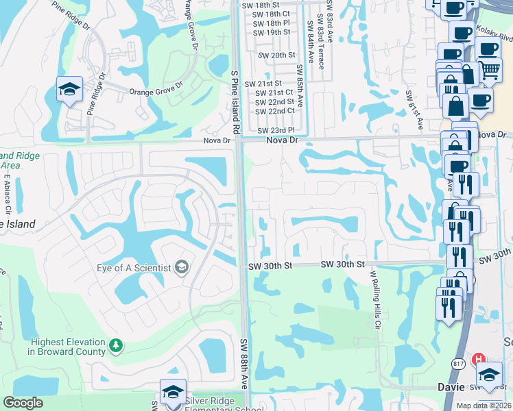 map of restaurants, bars, coffee shops, grocery stores, and more near 8 Southwest 87th Avenue in Davie