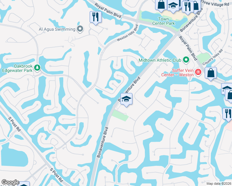 map of restaurants, bars, coffee shops, grocery stores, and more near 2686 Oakmont Drive in Weston