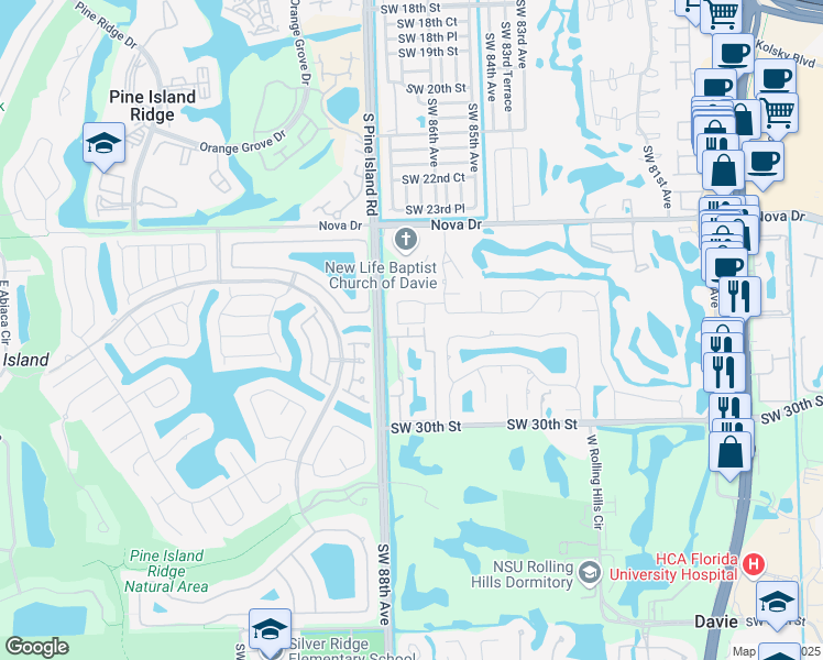 map of restaurants, bars, coffee shops, grocery stores, and more near 912 Southwest 27th Place in Davie