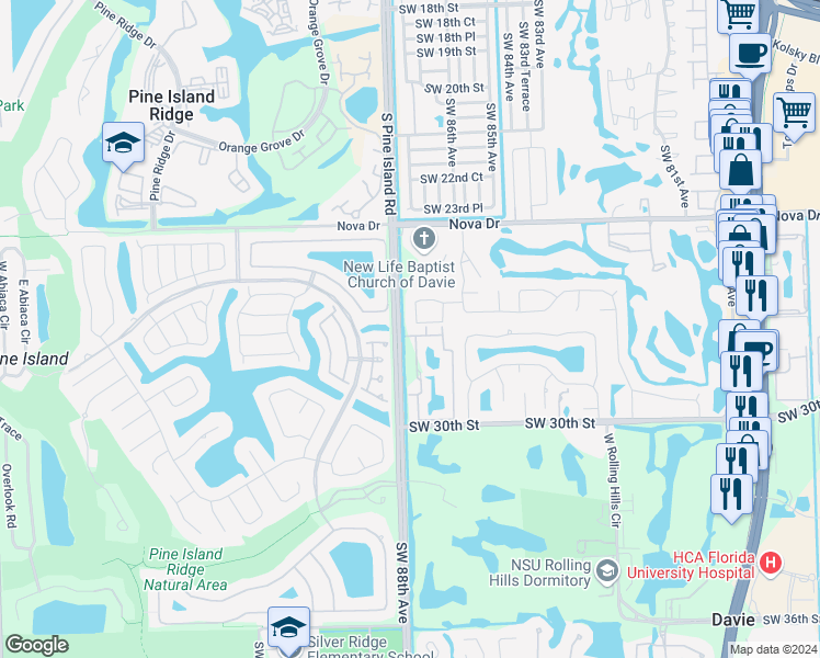 map of restaurants, bars, coffee shops, grocery stores, and more near 8 Southwest 87th Avenue in Davie