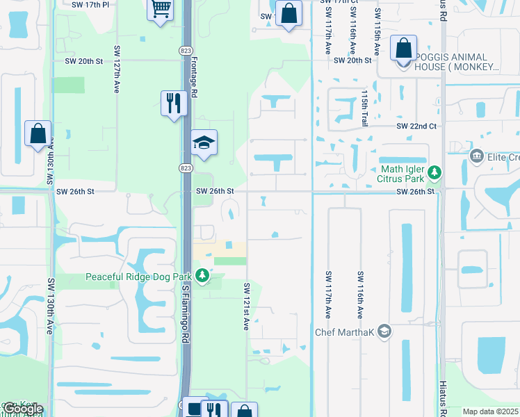 map of restaurants, bars, coffee shops, grocery stores, and more near 12090 Southwest 26th Court in Davie