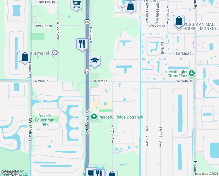map of restaurants, bars, coffee shops, grocery stores, and more near Southwest 121st Terrace in Davie