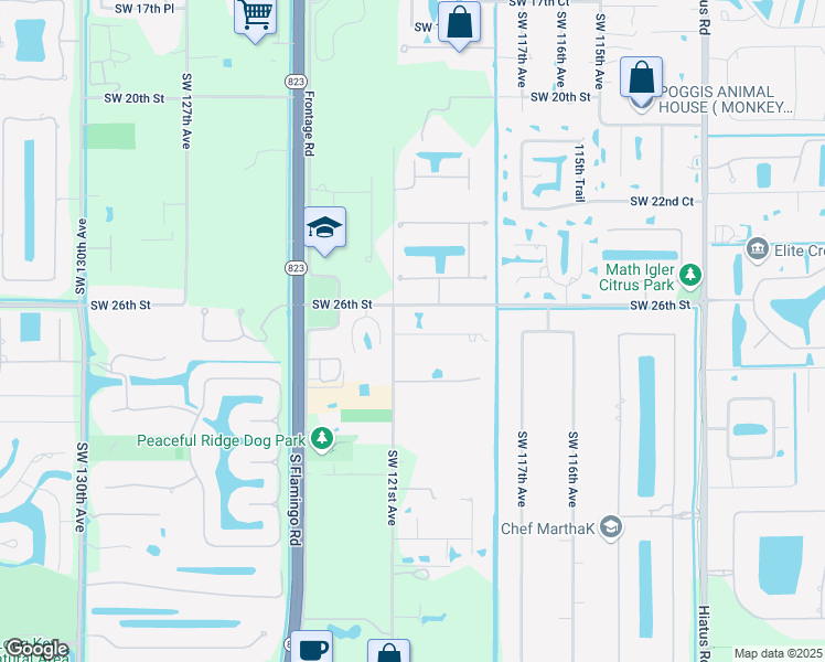 map of restaurants, bars, coffee shops, grocery stores, and more near 12090 Southwest 26th Court in Davie