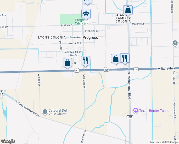 map of restaurants, bars, coffee shops, grocery stores, and more near 200 U.S. 281 in Weslaco