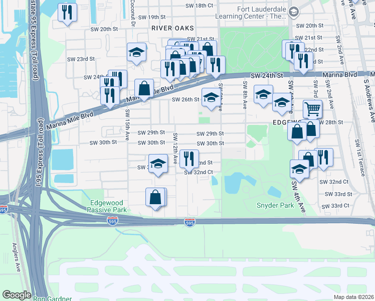 map of restaurants, bars, coffee shops, grocery stores, and more near 1090 Southwest 31st Street in Fort Lauderdale