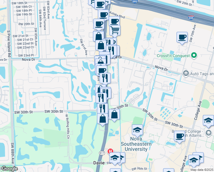 map of restaurants, bars, coffee shops, grocery stores, and more near 2725 South University Drive in Davie