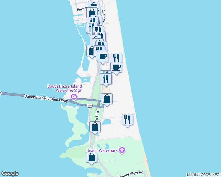 map of restaurants, bars, coffee shops, grocery stores, and more near 406 Padre Boulevard in South Padre Island