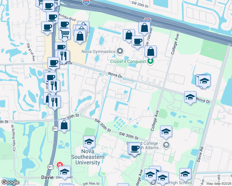map of restaurants, bars, coffee shops, grocery stores, and more near Fire Academy in Davie