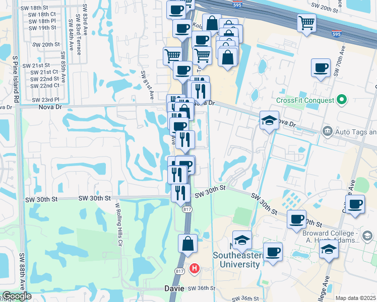 map of restaurants, bars, coffee shops, grocery stores, and more near 2725 South University Drive in Davie