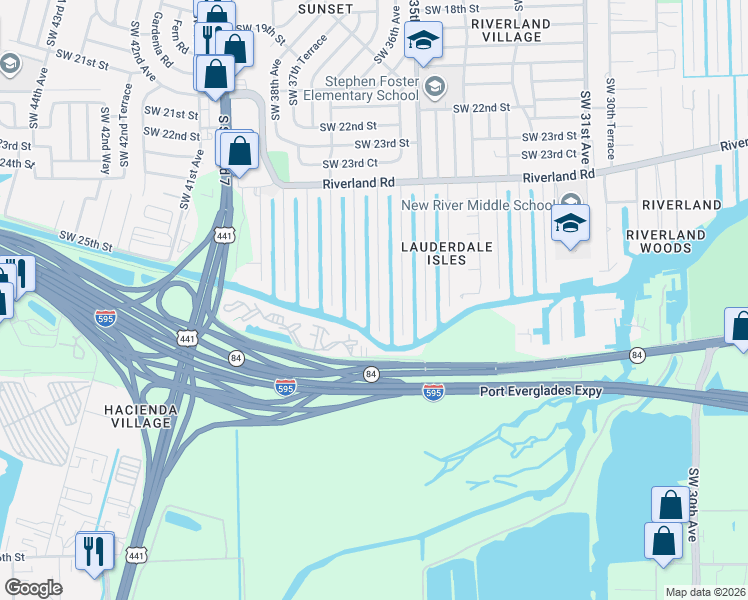 map of restaurants, bars, coffee shops, grocery stores, and more near 2612 Southwest 36th Avenue in Fort Lauderdale