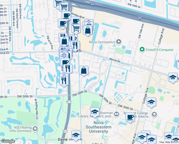map of restaurants, bars, coffee shops, grocery stores, and more near 2659 Southwest 74th Terrace in Davie