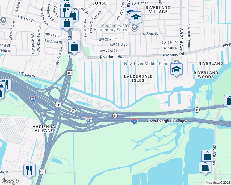 map of restaurants, bars, coffee shops, grocery stores, and more near 2612 Southwest 36th Avenue in Fort Lauderdale