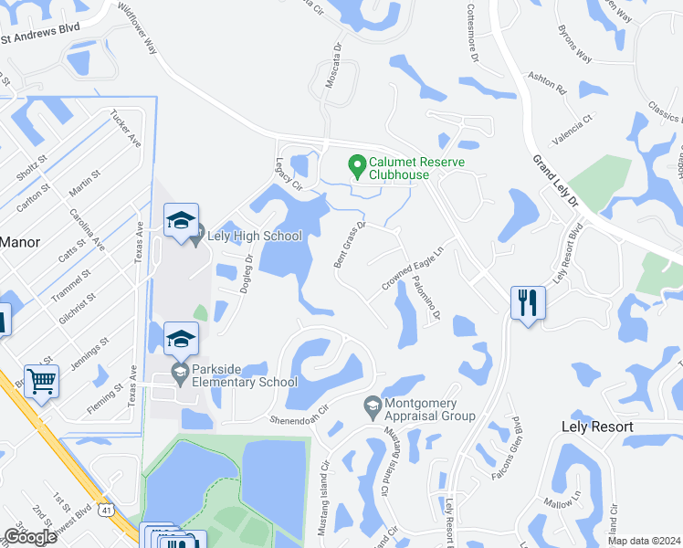 map of restaurants, bars, coffee shops, grocery stores, and more near 6824 Bent Grass Drive in Naples