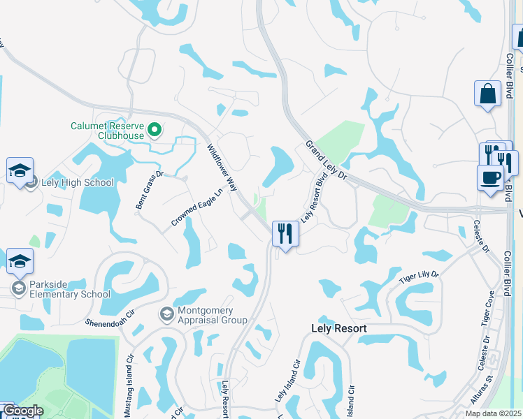 map of restaurants, bars, coffee shops, grocery stores, and more near 6865 Wildflower Way in Naples
