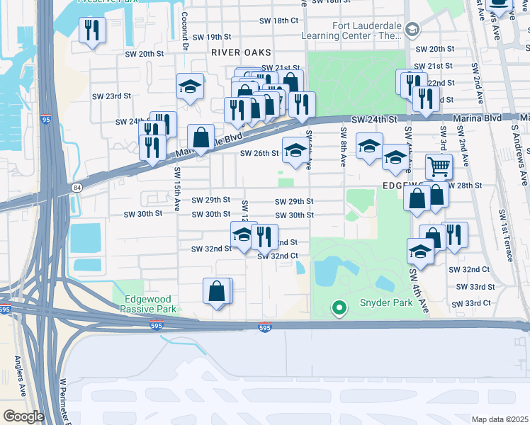 map of restaurants, bars, coffee shops, grocery stores, and more near 1050 Southwest 29th Street in Fort Lauderdale
