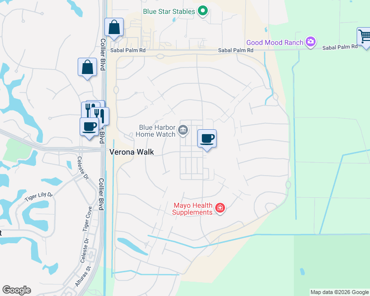 map of restaurants, bars, coffee shops, grocery stores, and more near 8126 Chianti Lane in Naples