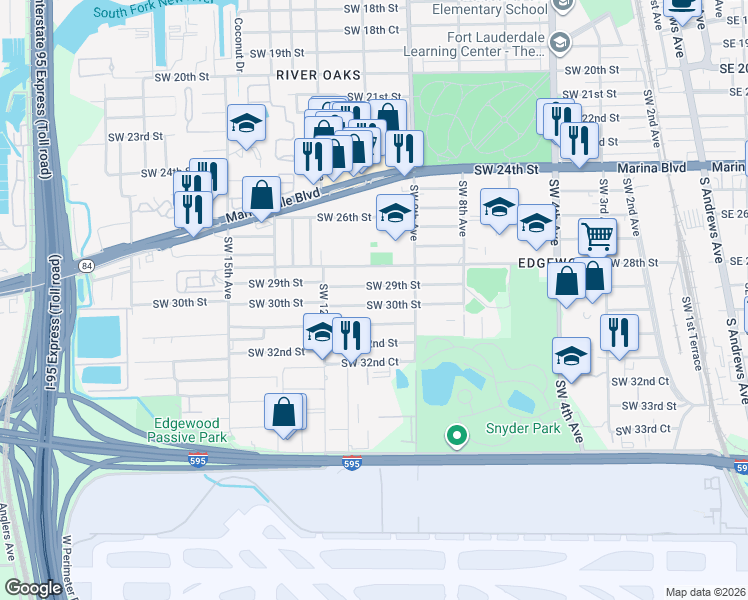 map of restaurants, bars, coffee shops, grocery stores, and more near 940A Southwest 29th Street in Fort Lauderdale