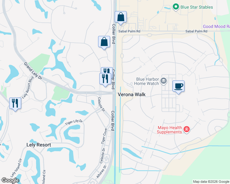map of restaurants, bars, coffee shops, grocery stores, and more near 7676 Collier Boulevard in Naples