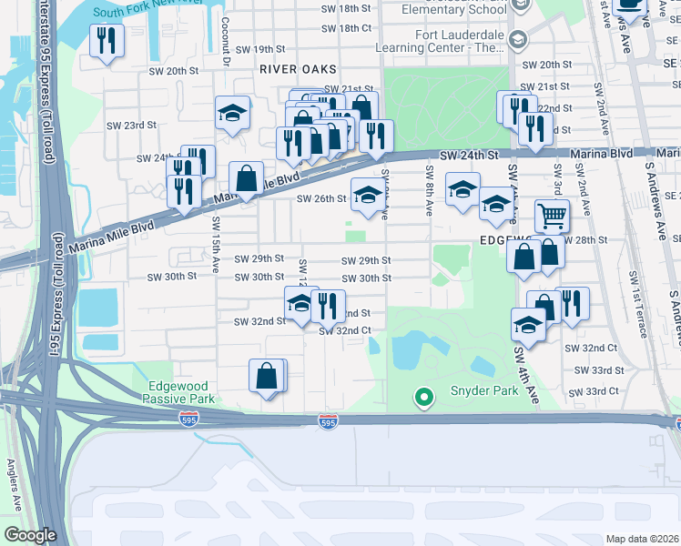 map of restaurants, bars, coffee shops, grocery stores, and more near 1050 Southwest 29th Street in Fort Lauderdale