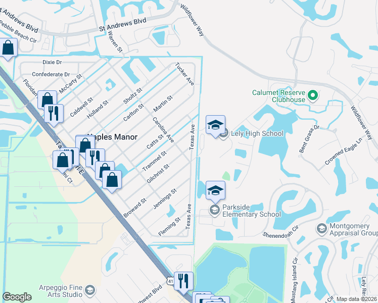 map of restaurants, bars, coffee shops, grocery stores, and more near 5409 Gilchrist Street in Naples