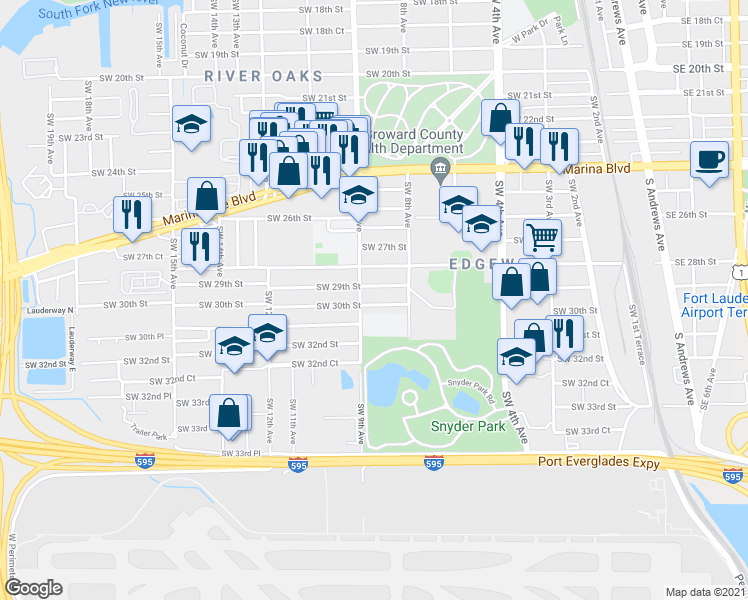 map of restaurants, bars, coffee shops, grocery stores, and more near 2900 Southwest 9th Avenue in Fort Lauderdale