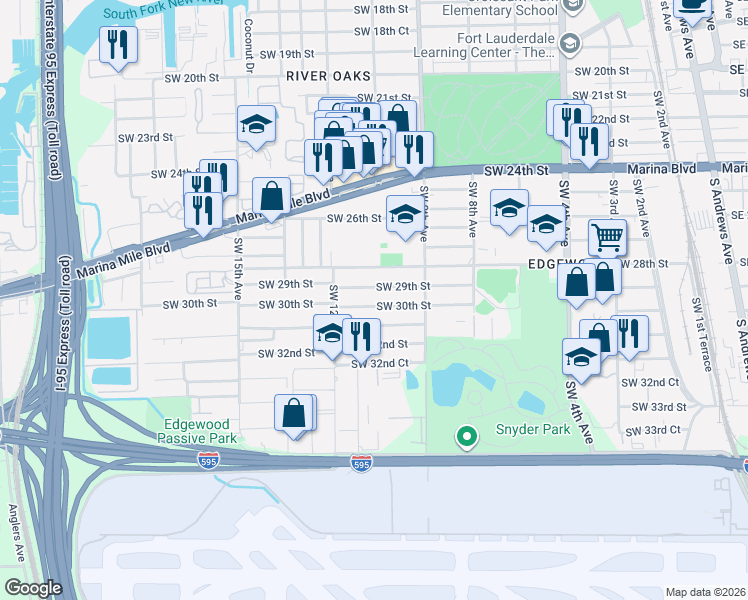 map of restaurants, bars, coffee shops, grocery stores, and more near 1050 Southwest 29th Street in Fort Lauderdale