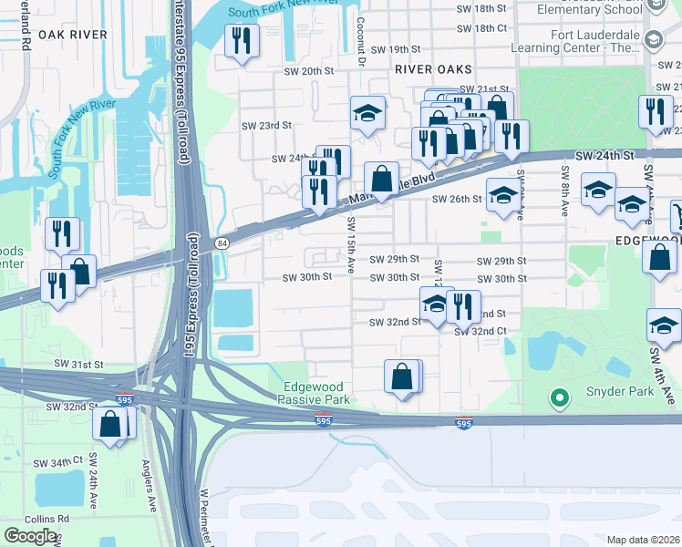 map of restaurants, bars, coffee shops, grocery stores, and more near 1496 Southwest 29th Street in Fort Lauderdale