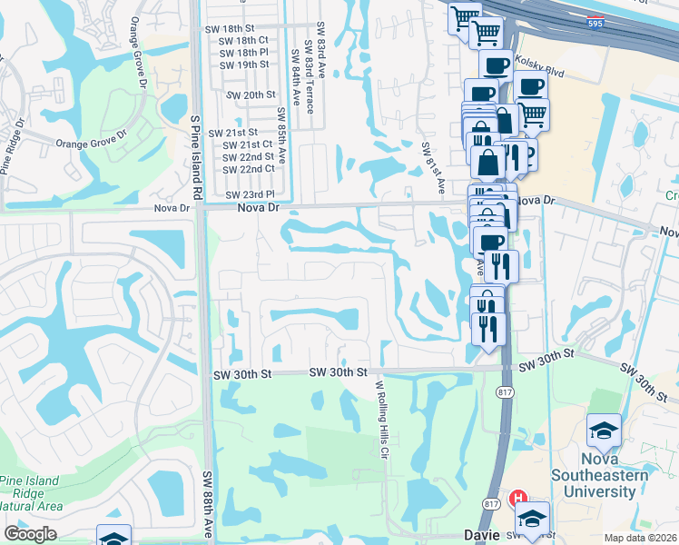 map of restaurants, bars, coffee shops, grocery stores, and more near 8306 Southwest 26th Place in Davie