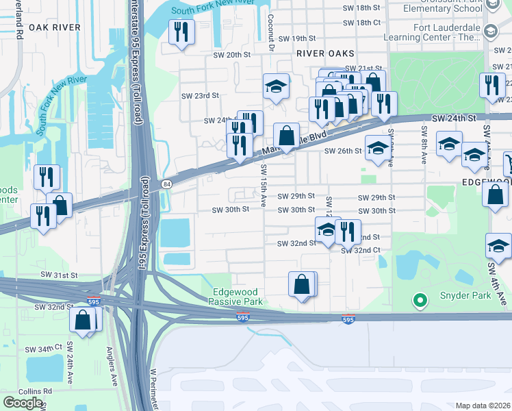 map of restaurants, bars, coffee shops, grocery stores, and more near 1496 Southwest 29th Street in Fort Lauderdale