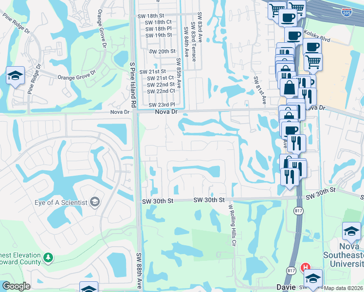 map of restaurants, bars, coffee shops, grocery stores, and more near 8500 Southwest 26th Street in Davie