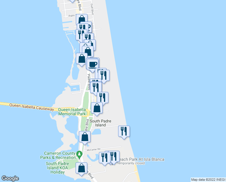 map of restaurants, bars, coffee shops, grocery stores, and more near 500 Padre Boulevard in South Padre Island
