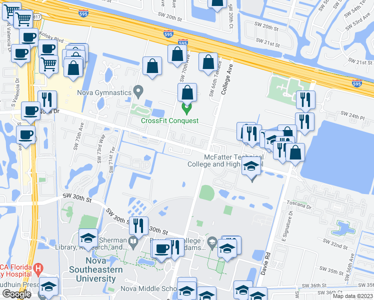 map of restaurants, bars, coffee shops, grocery stores, and more near 6720 Nova Drive in Davie