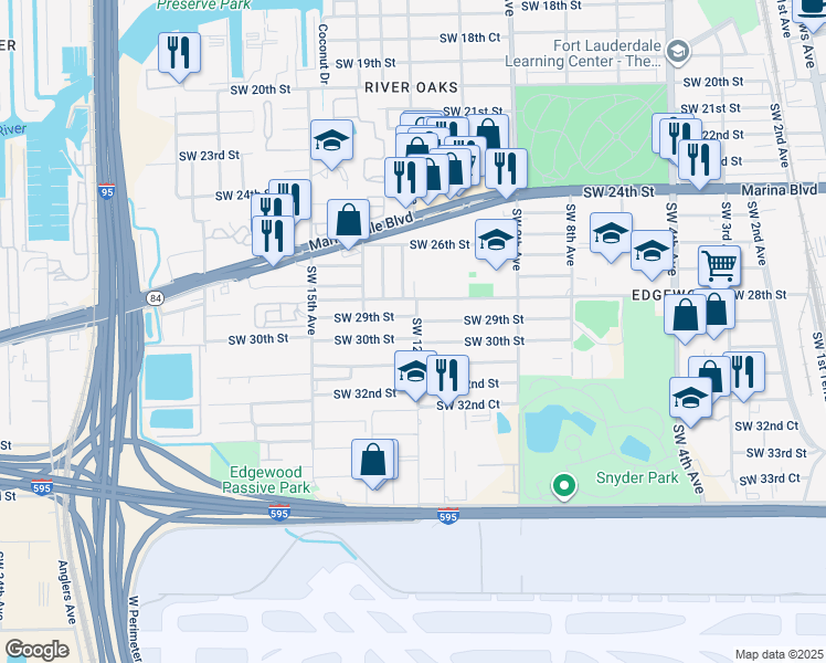 map of restaurants, bars, coffee shops, grocery stores, and more near 1200 Southwest 29th Street in Fort Lauderdale