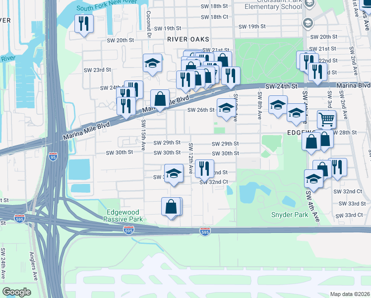 map of restaurants, bars, coffee shops, grocery stores, and more near 1200 Southwest 29th Street in Fort Lauderdale