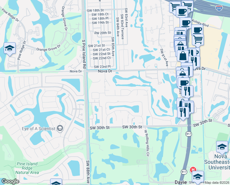 map of restaurants, bars, coffee shops, grocery stores, and more near 8500 Southwest 26th Street in Davie