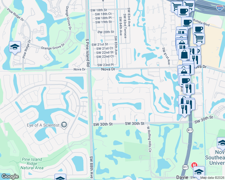 map of restaurants, bars, coffee shops, grocery stores, and more near 8500 Southwest 26th Street in Davie