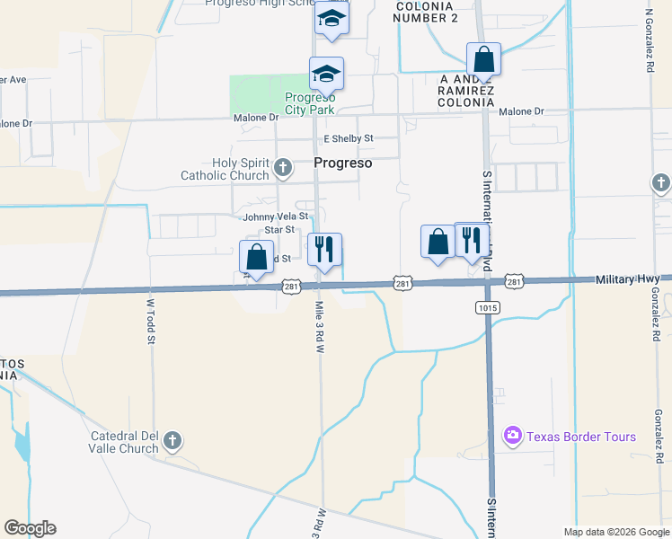 map of restaurants, bars, coffee shops, grocery stores, and more near 121 Military Highway in Progreso