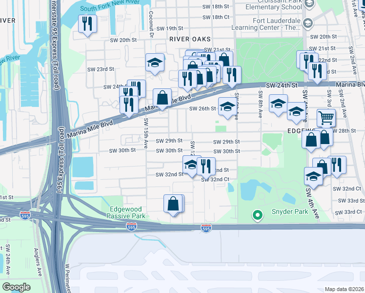 map of restaurants, bars, coffee shops, grocery stores, and more near 1200 Southwest 29th Street in Fort Lauderdale