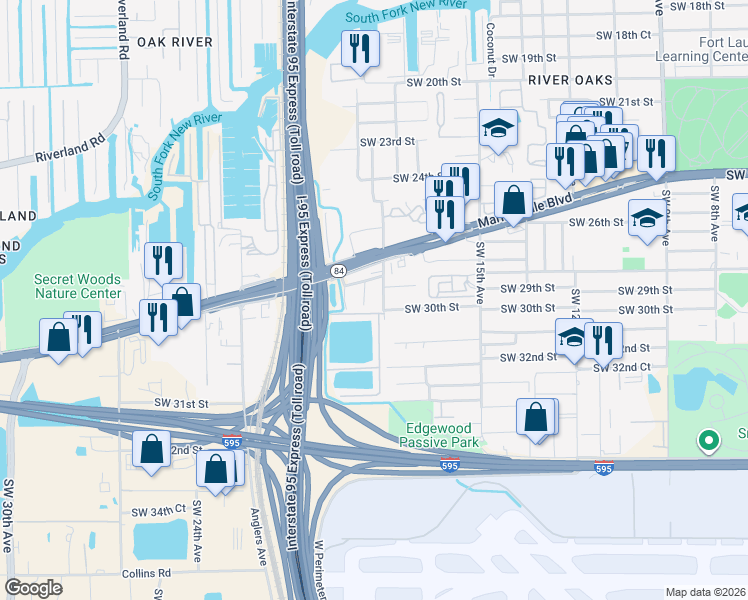 map of restaurants, bars, coffee shops, grocery stores, and more near 2911 Southwest 19th Avenue in Fort Lauderdale