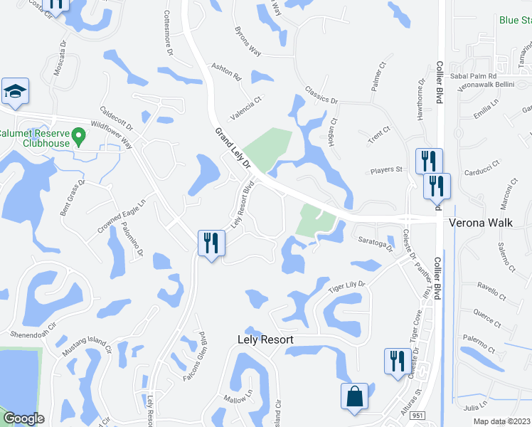 map of restaurants, bars, coffee shops, grocery stores, and more near 8020 Grand Lely Drive in Naples