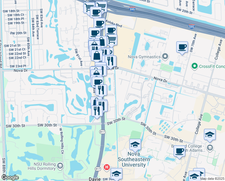 map of restaurants, bars, coffee shops, grocery stores, and more near 2660 South University Drive in Davie