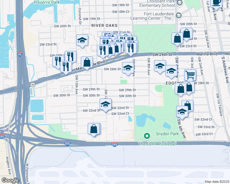 map of restaurants, bars, coffee shops, grocery stores, and more near 1050 Southwest 29th Street in Fort Lauderdale