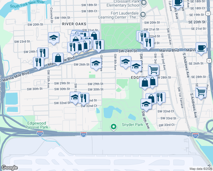 map of restaurants, bars, coffee shops, grocery stores, and more near 2900 Southwest 9th Avenue in Fort Lauderdale